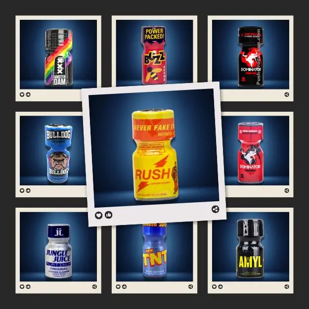 Grid of nine branded bottles with "Rush" centered and overlapping others, showcasing varied packaging designs.