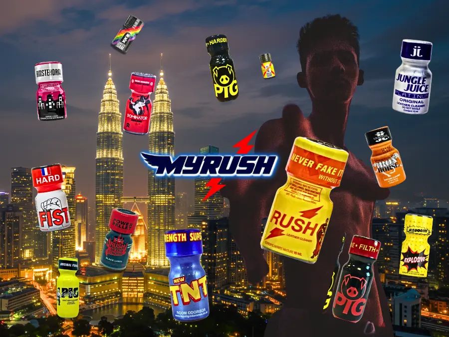 Assorted poppers brands including Jungle Juice, Rush, Amsterdam, and Bulldog – available in Malaysia