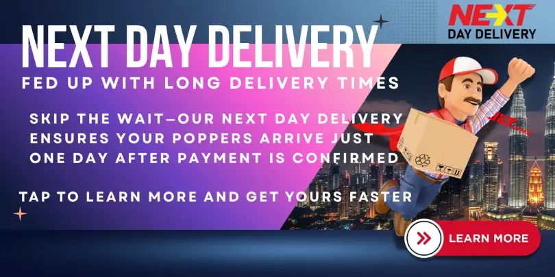 Ad for next-day delivery with cityscape background, delivery worker flying with package, and promo text about fast poppers shipping