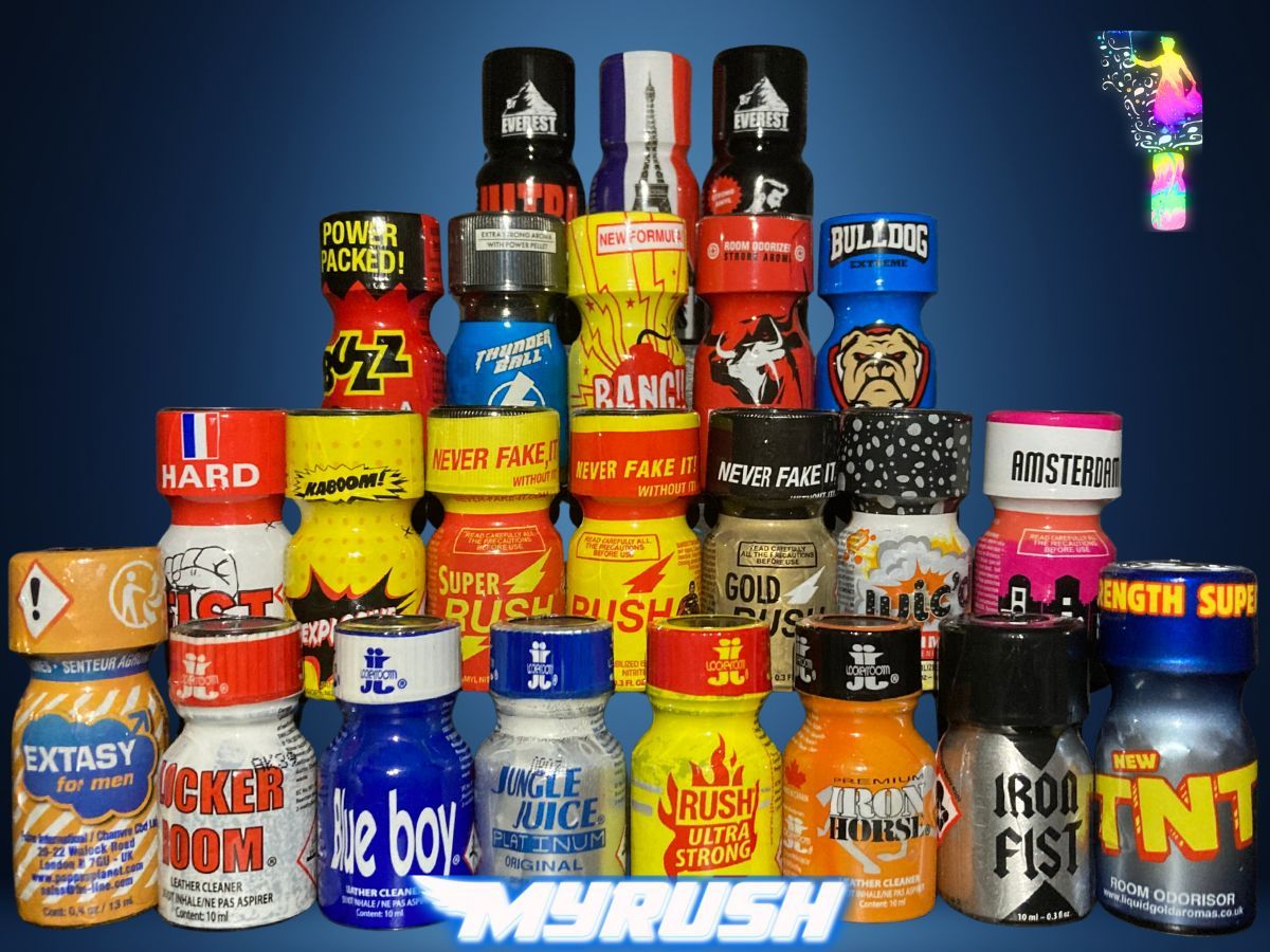 Collection of poppers bottles including Rush, Jungle Juice, Amsterdam, Blue Boy, Bulldog and more, stacked with MYRUSH logo.