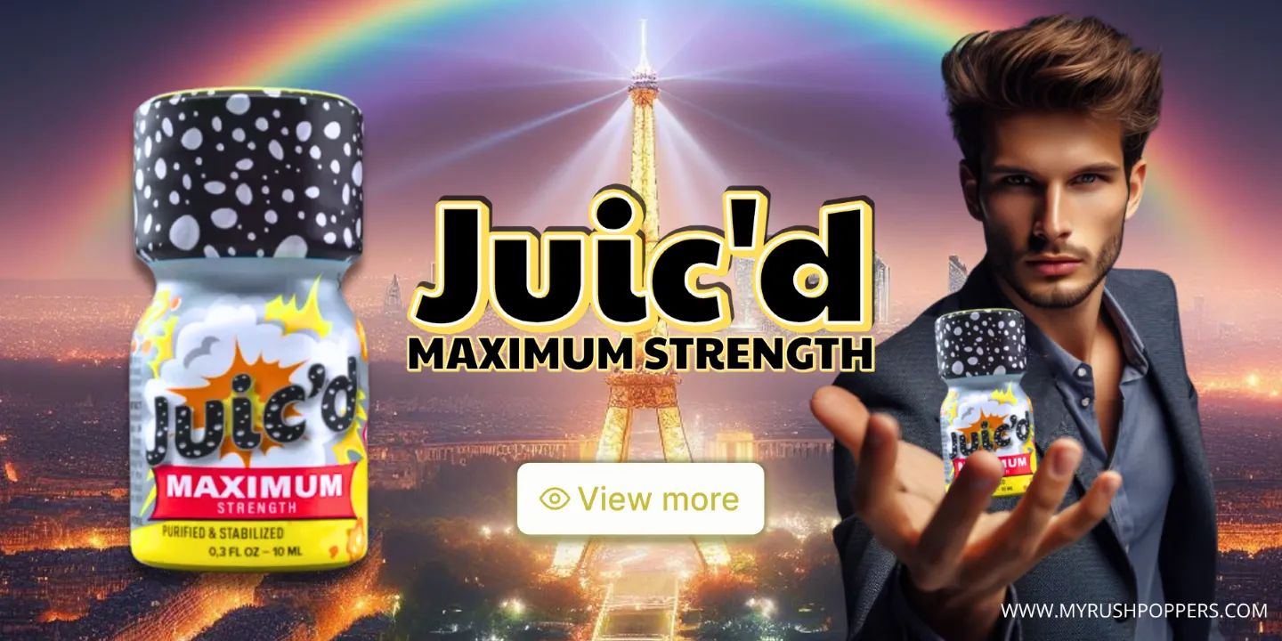 Juic’d Maximum Strength leather cleaner bottle with comic-style design, man holding bottle in front of Eiffel Tower, neon Paris background