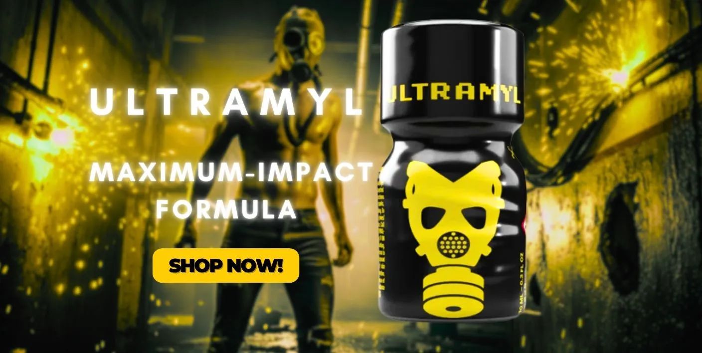 ULTRAMYL leather cleaner bottle in black and yellow with gas mask logo, muscular man wearing gas mask in industrial setting with yellow spar