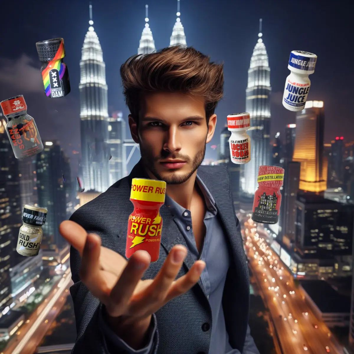 Surreal image of a men with floating poppers "Jungle Juice," "Power Rush," and others,  in front of Petronas Twin Towers at night