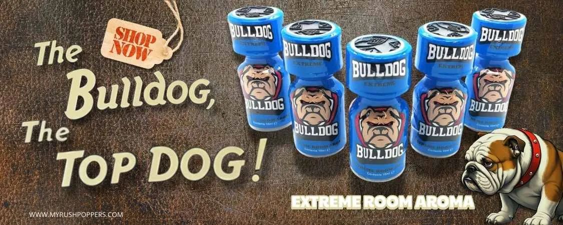 Bulldog extreme room aroma bottles in blue with bulldog mascot, featured product banner on MYRushPoppers Malaysia homepage