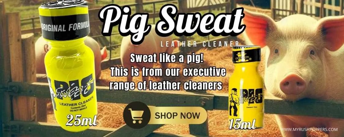 Pig Sweat leather cleaner bottles 25ml and 15ml displayed with farm pig background, premium product from MYRushPoppers Malaysia