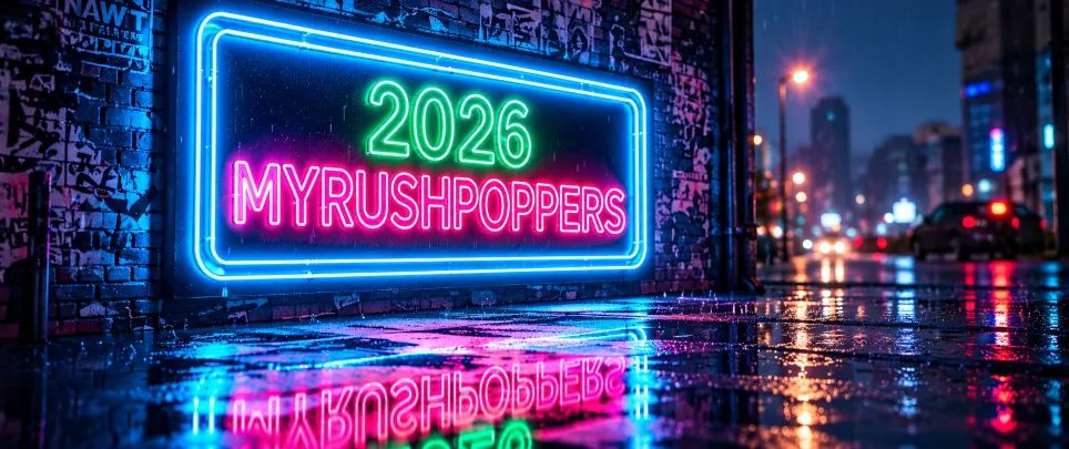 Neon sign reading “2026 MYRUSHPOPPERS” on a city wall at night, reflected on wet pavement.