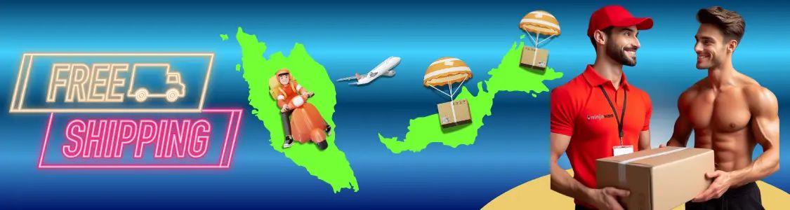 Promotional graphic showing "FREE SHIPPING" with delivery icons over a green map of Malaysia