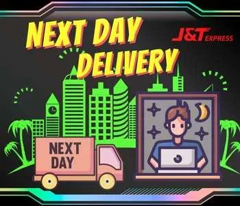 Next Day Delivery Malaysia banner with J&T Express truck and city skyline, neon green and orange cyberpunk theme.