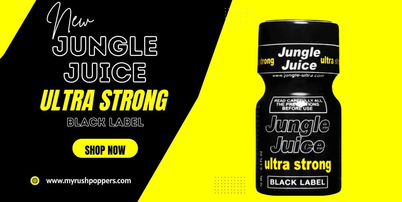 “Jungle Juice Ultra Strong Black Label bottle on bold yellow background, product promo banner for Poppers Malaysia shoppers.