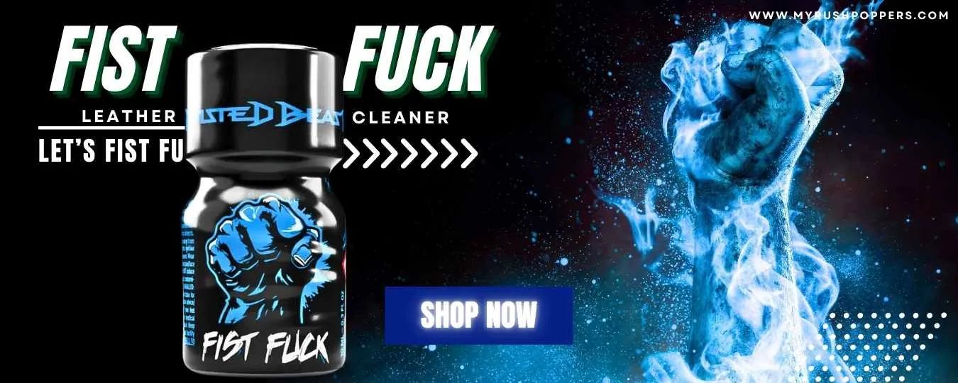 Fist Fuck leather cleaner bottle with blue fist graphic and smoke effect, featured promo banner on MYRushPoppers Malaysia homepage