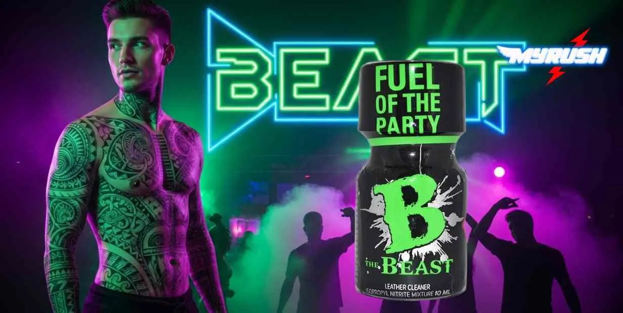 The Beast 10ml leather cleaner bottle with neon green logo and text ‘Fuel of the Party’, club scene background with tattooed man and MYRUSH 