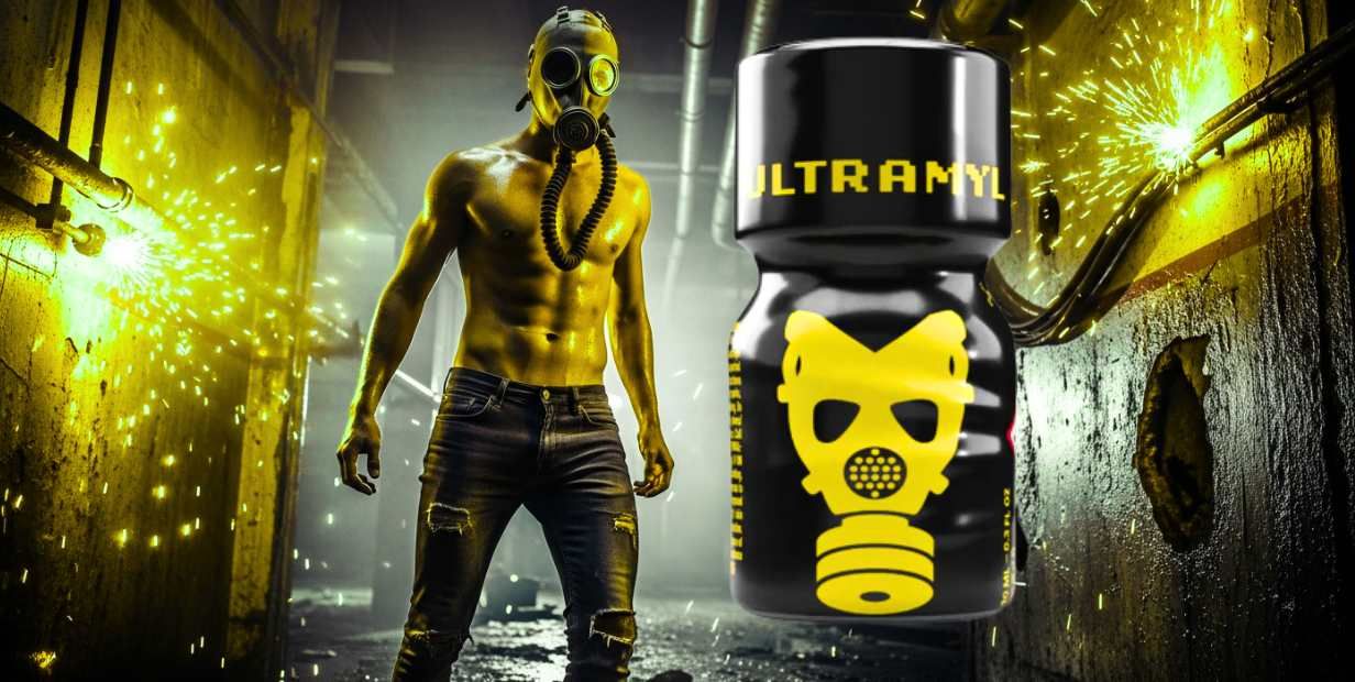 ULTRAMYL leather cleaner bottle in black and yellow with gas mask logo, muscular man wearing gas mask in industrial setting with yellow spar